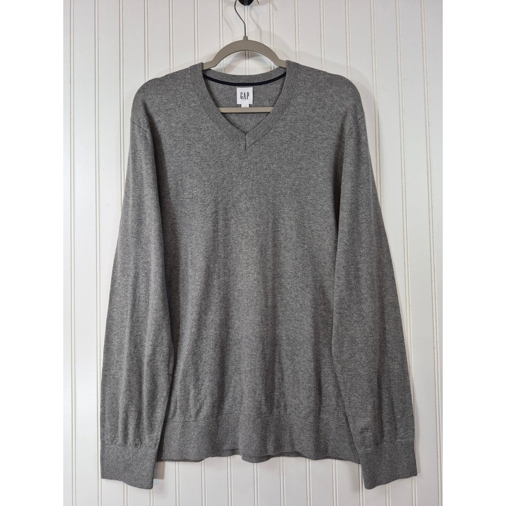 Gap Mens V-Neck Sweater Gray Long Sleeve‎ 100% Cotton Knit Pullover Large